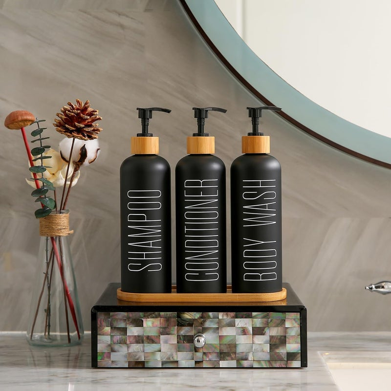 Prus Waso Shampoo and Conditioner Dispenser with Bamboo Pumps & Tray, Perfect for Bathroom Essentials for New Home (Black) - Image 3